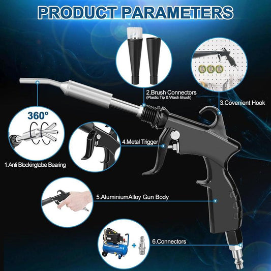 Powerful high pressure air cleaner blowing dust from car vents and dashboard for fast interior detailing and drying