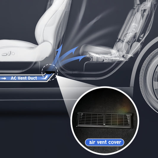 Rear under seat air vent cover installed on Model Y interior, fitting securely under rear seats with a clean OEM look