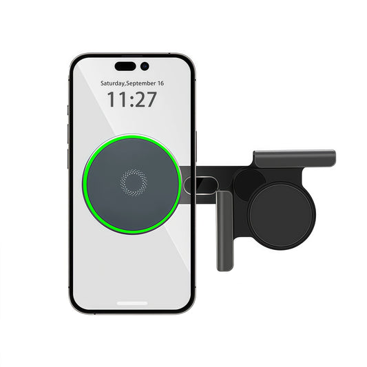 Tesla interior phone mount with clean OEM-style design and wireless charging for a modern driving setup