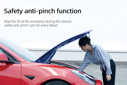 Whisper-quiet front trunk upgrade for 2025 Tesla Model 3 Highland featuring smooth descent mechanism and dual struts