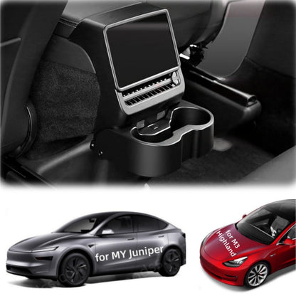 3-in-1 Tesla rear organizer with cup holder, screen protector, and vent cover, enhancing convenience and style for Model 3 and Model Y