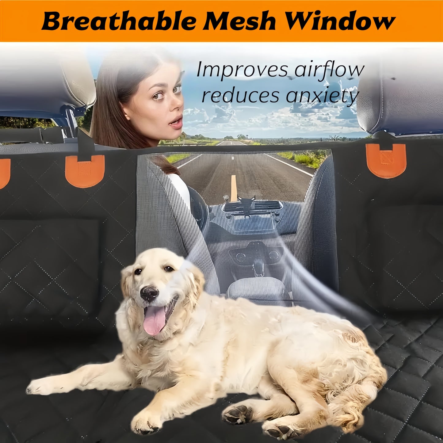 Convertible dog car hammock turns back seat into large comfy bed for pets on road trips