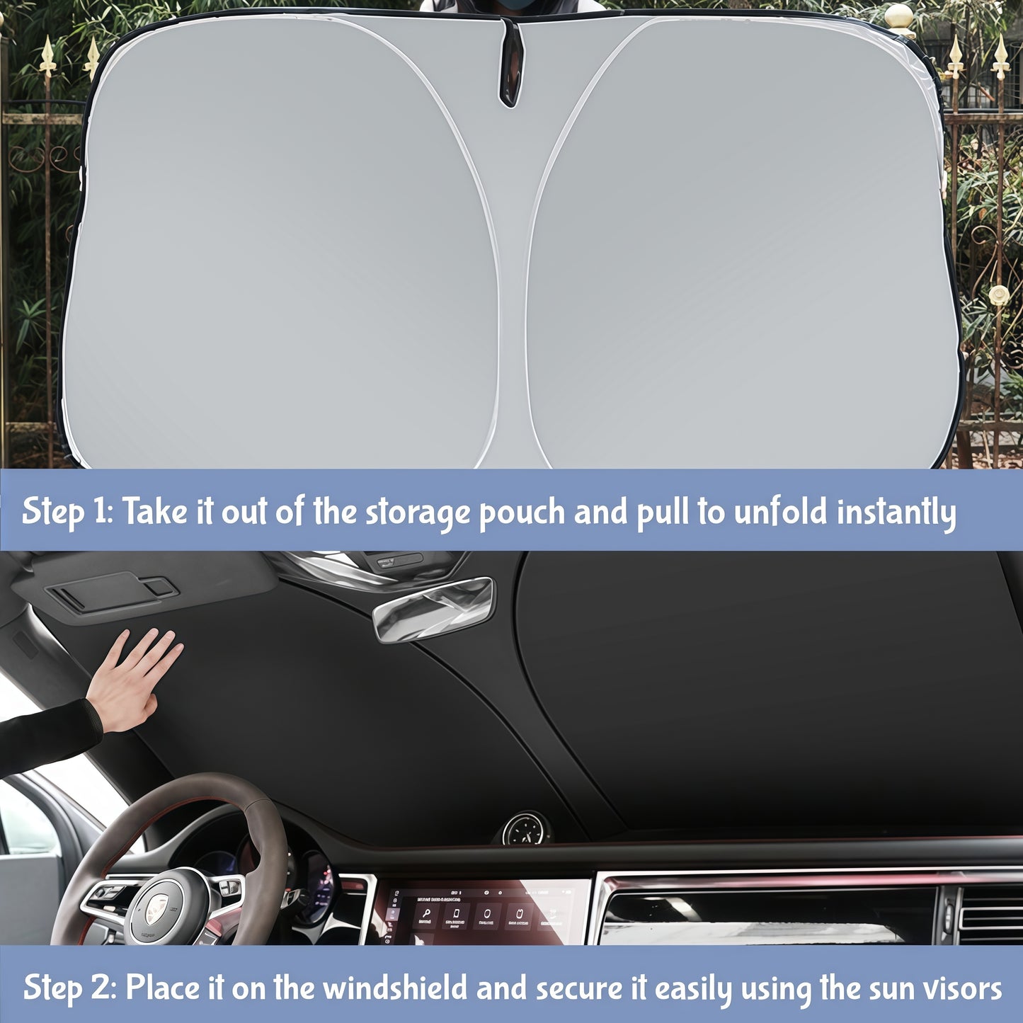 Car sunshade protects interior from fading cracking and aging caused by strong sunlight exposure