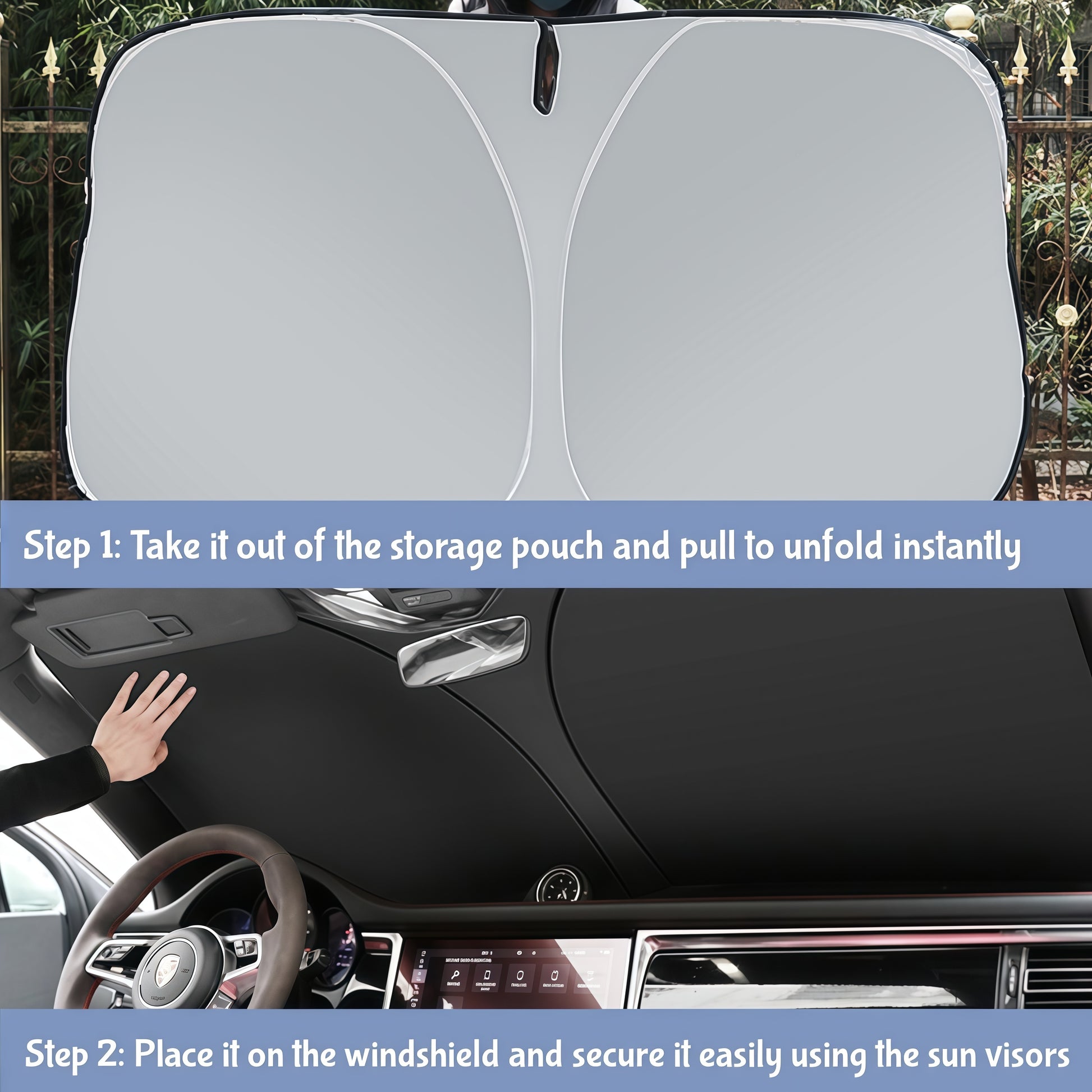 Car sunshade protects interior from fading cracking and aging caused by strong sunlight exposure