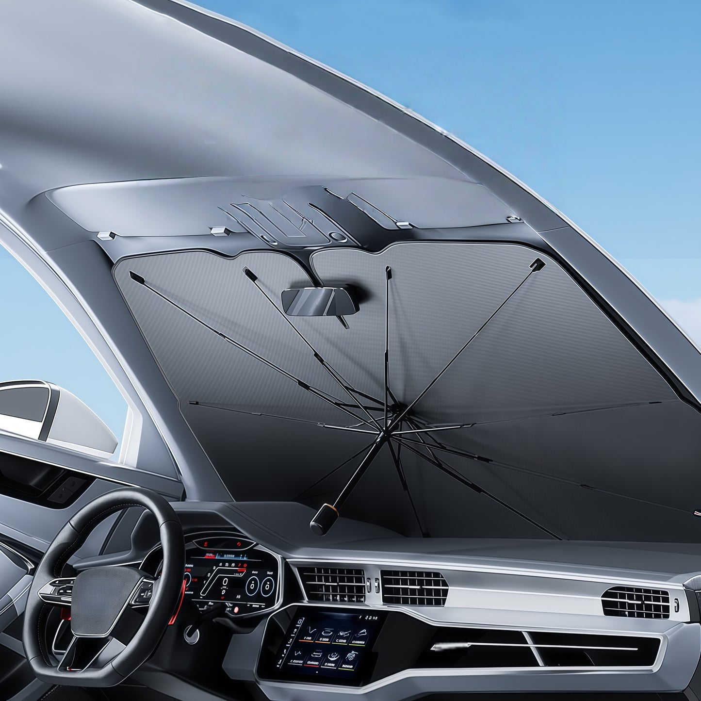 Car windshield sun shade umbrella providing interior heat protection and preventing fading of seats and trim