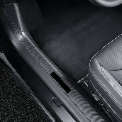 Carbon fiber texture door sill cover for Model 3 Highland providing stylish and durable interior protection