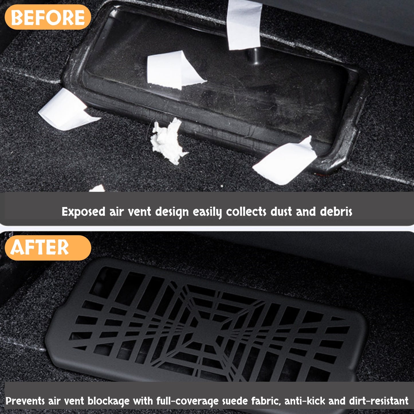 Clip-on underseat air vent cover with pre-cut placement allows quick and secure installation without tools