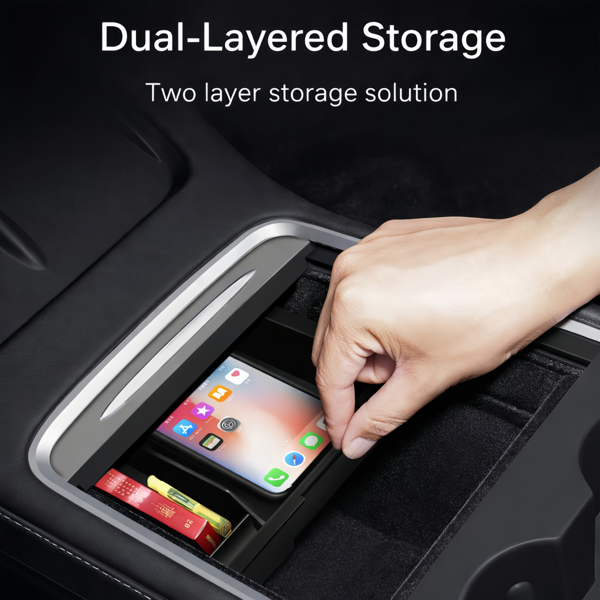 Custom-fit console tray designed for 2024+ Model 3 Highland and 2025+ Model Y Juniper for perfect storage organization