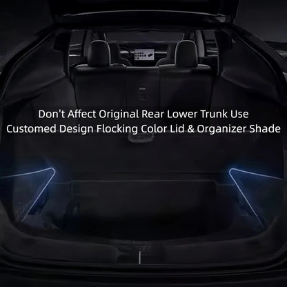 Custom-fit storage box designed to seamlessly fit the trunk side compartment of Model Y with secure closing lid