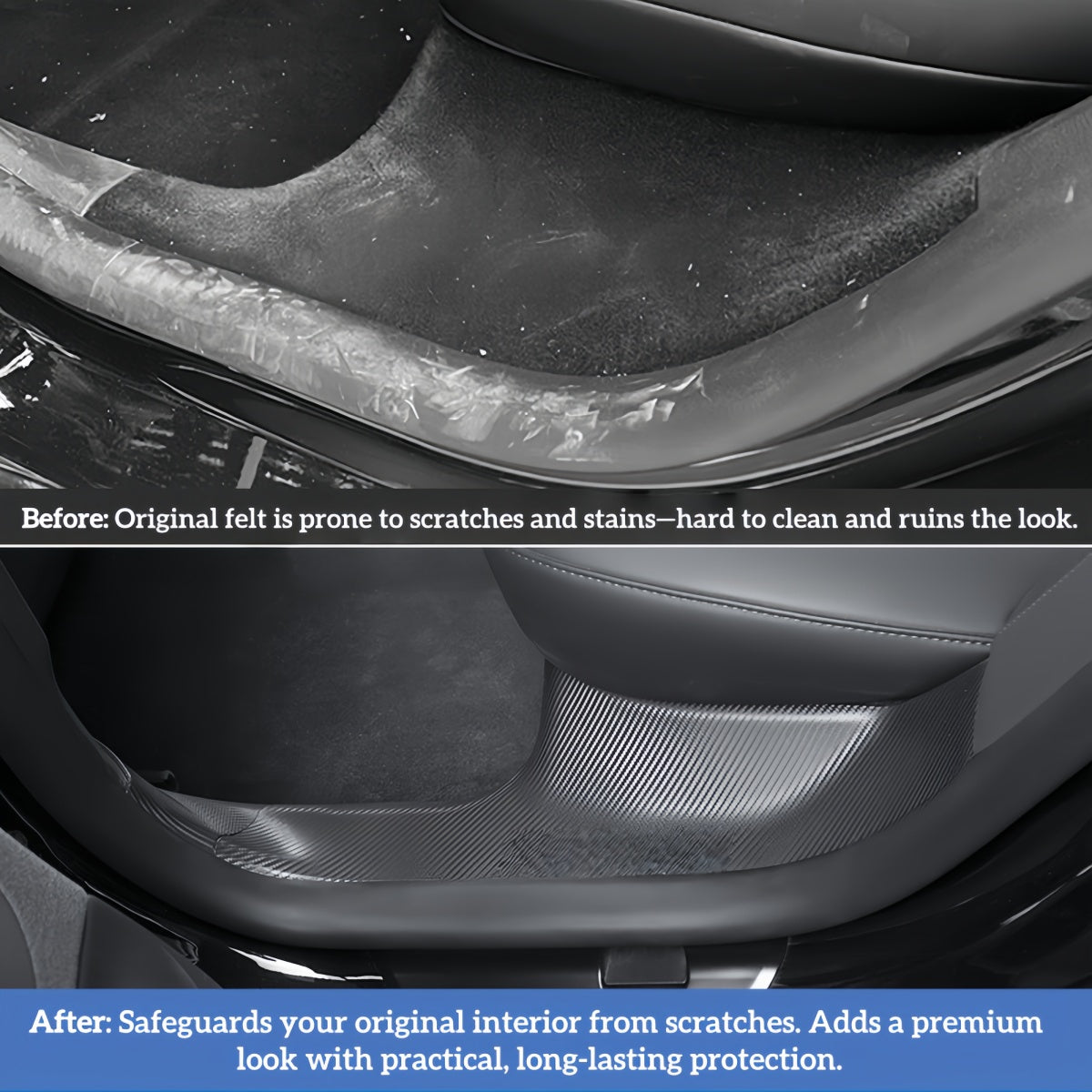 Easy install door sill protector for Model 3 Highland using adhesive backing for quick interior upgrade