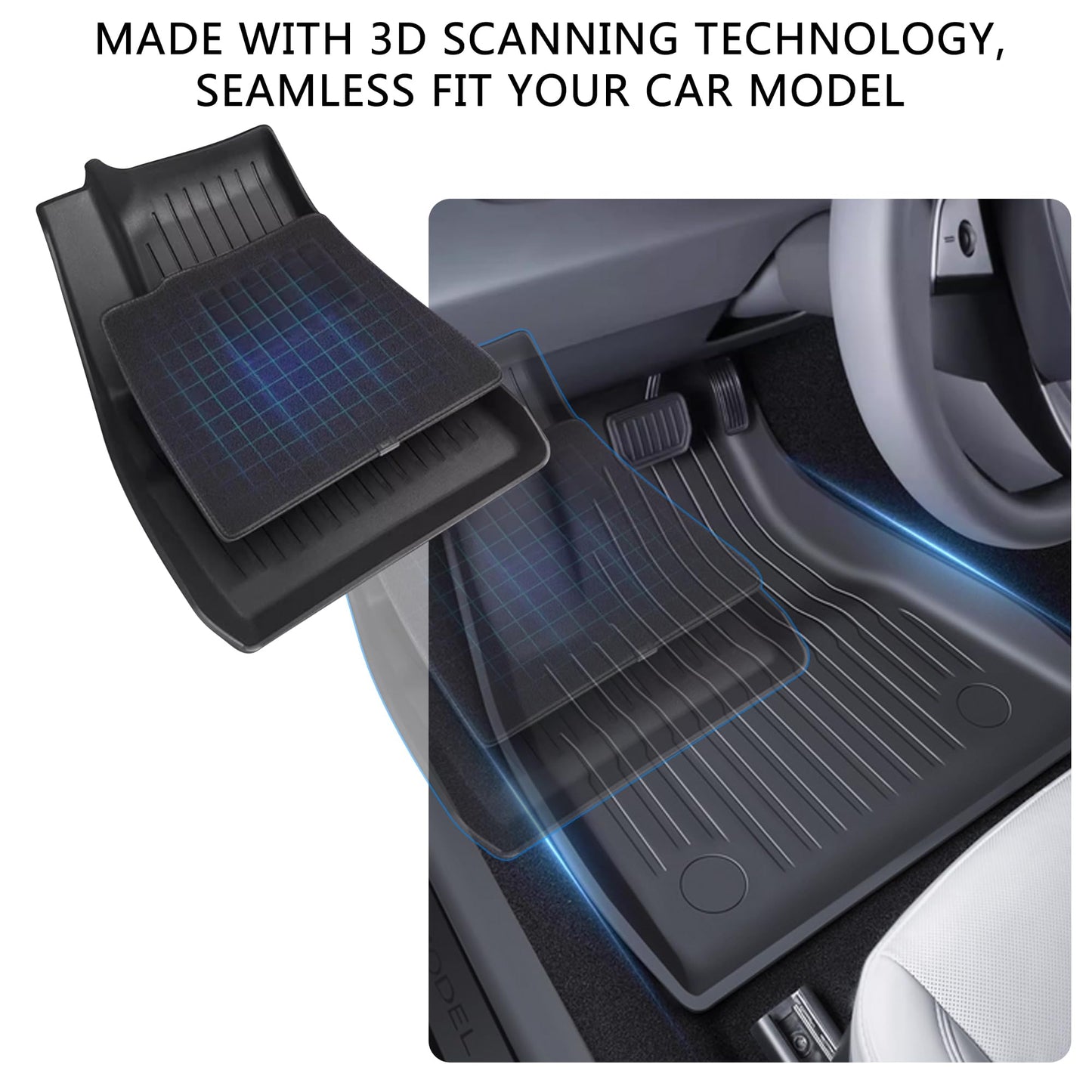 Eco-friendly TPE floor mats for Tesla Model 3 Highland, featuring odor-free and family-safe interior materials
