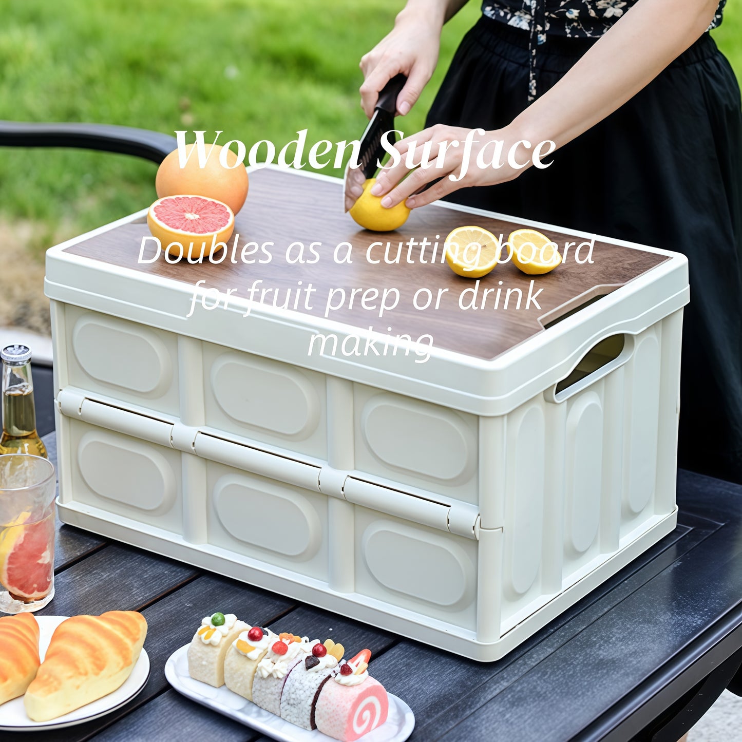 Foldable storage box with ergonomic groove handles for easy carrying and trunk transportation convenience