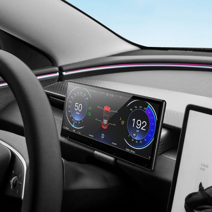 Crystal-clear curved HD 1920×720 screen with auto-brightness adjustment for comfortable day and night driving in Model Y Juniper