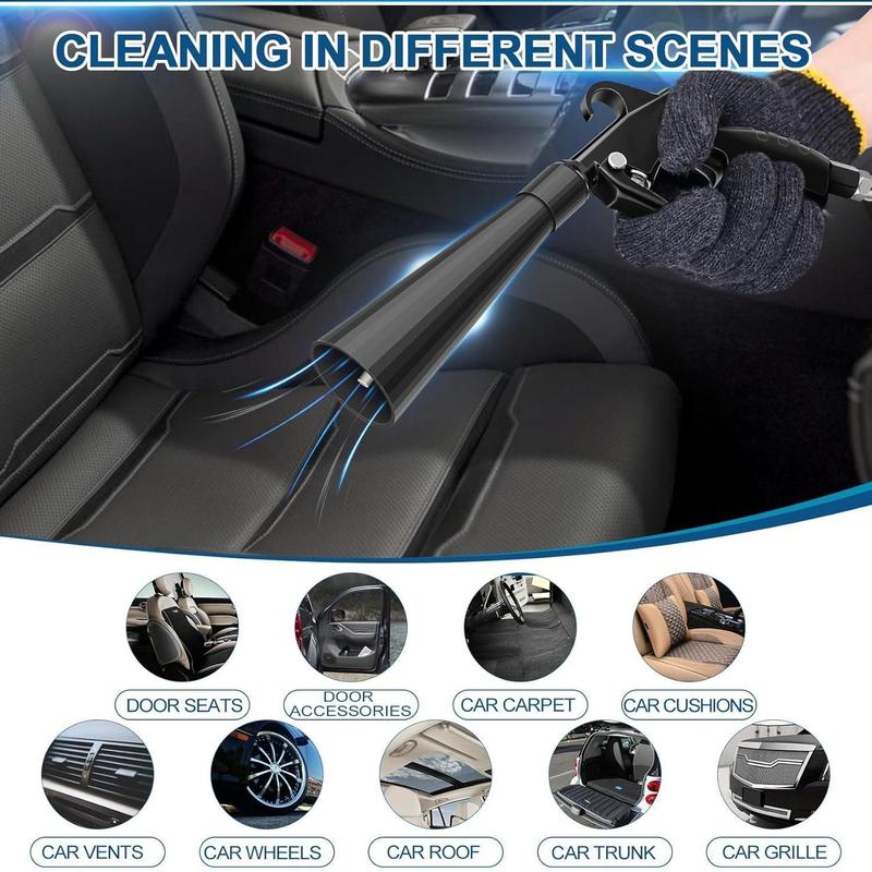 High pressure air cleaner includes nozzle and brush attachments for both wet and dry car interior cleaning applications