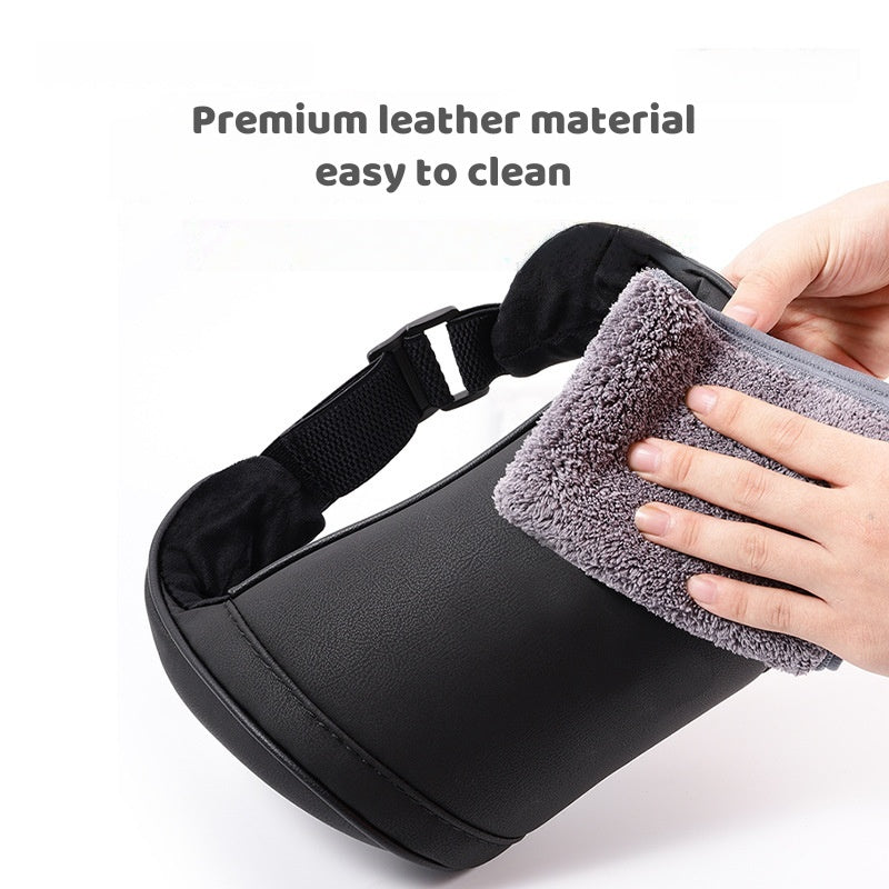 Leather car neck support pillow with high-density memory foam core offering superior long-drive comfort and alignment
