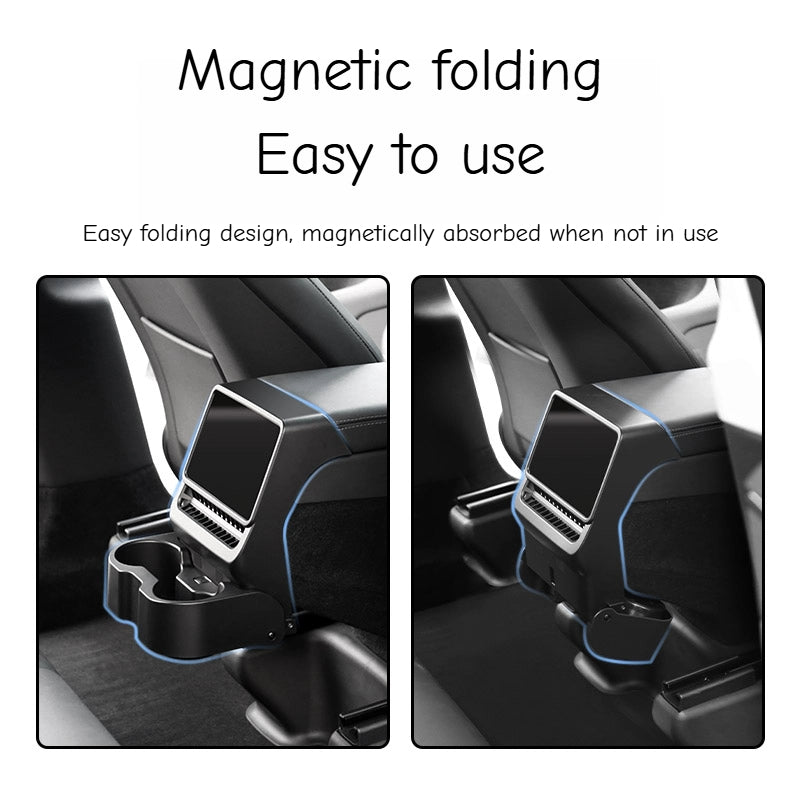 Magnetic fold-away cup holder for Tesla rear seats, folds flush with console when not in use without rattling or shaking