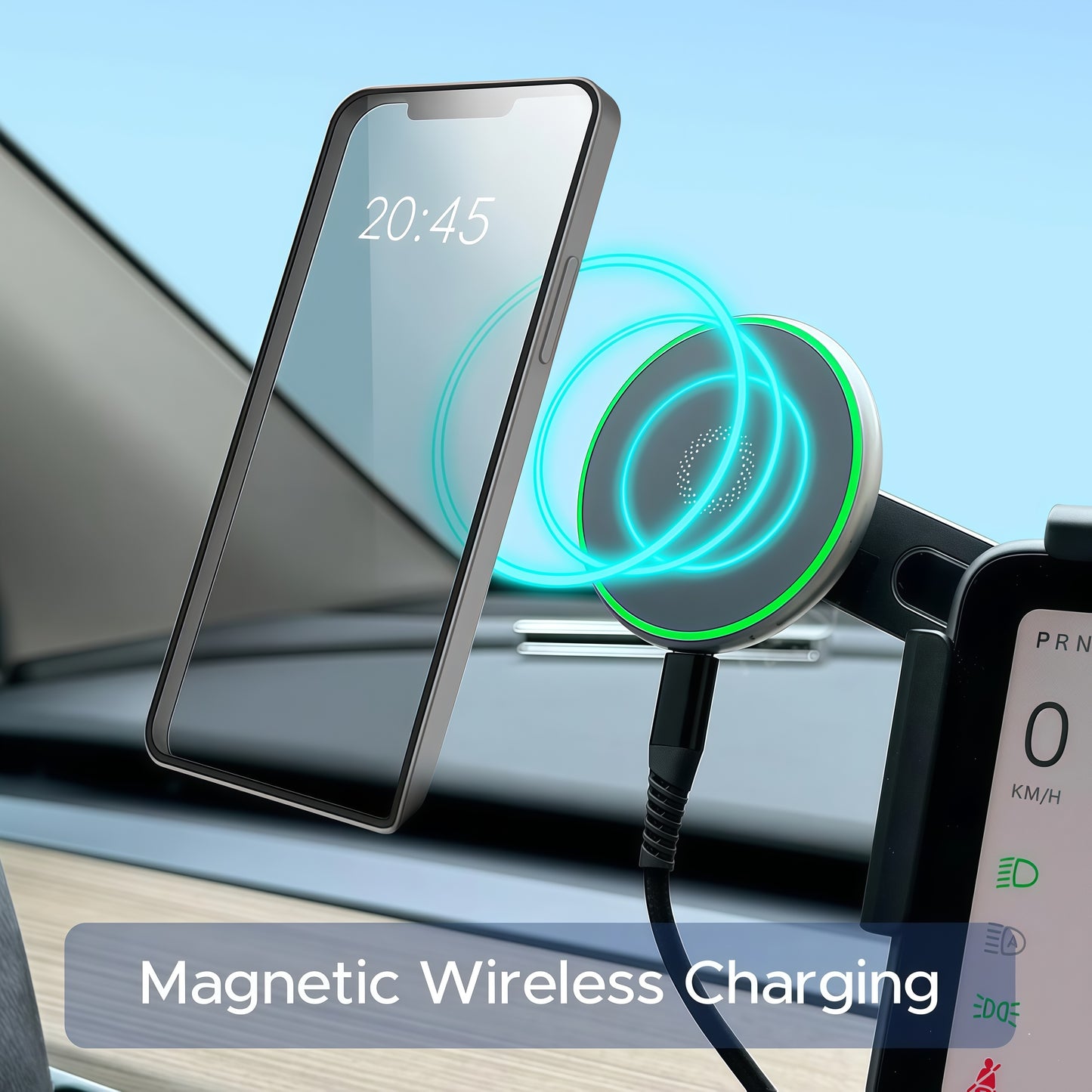 Magnetic phone holder for Tesla dashboard, fully compatible with MagSafe iPhones and secure driving use
