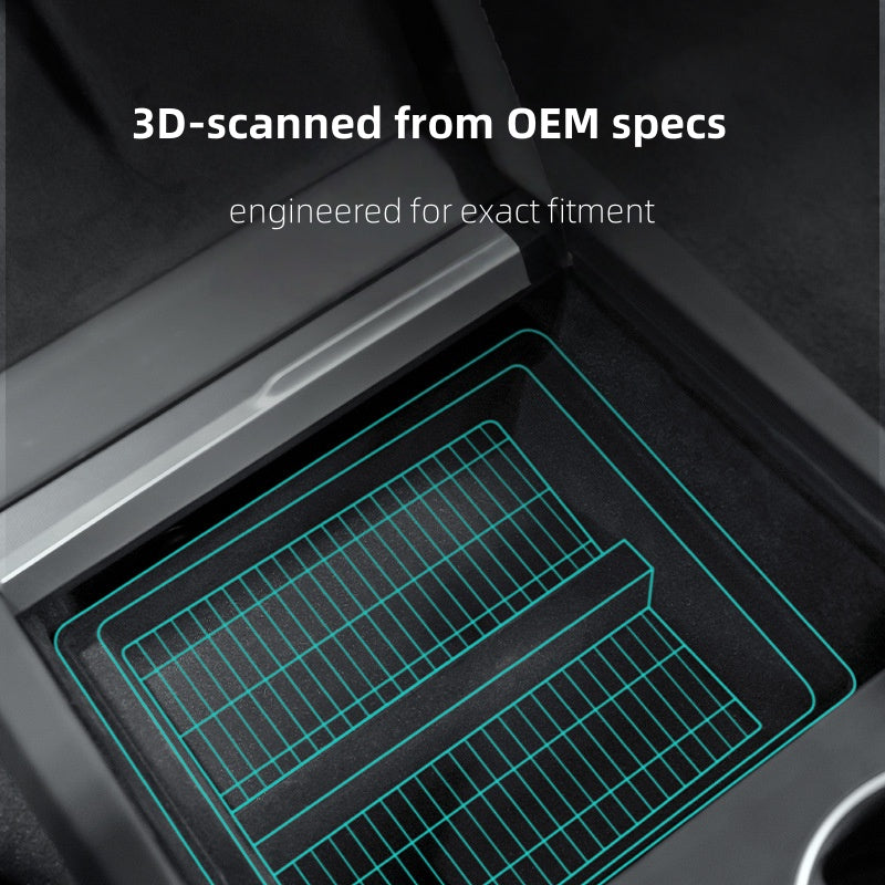 Sleek, minimalist console insert blending seamlessly with Tesla Model 3 and Model Y interiors for clean and stylish storage