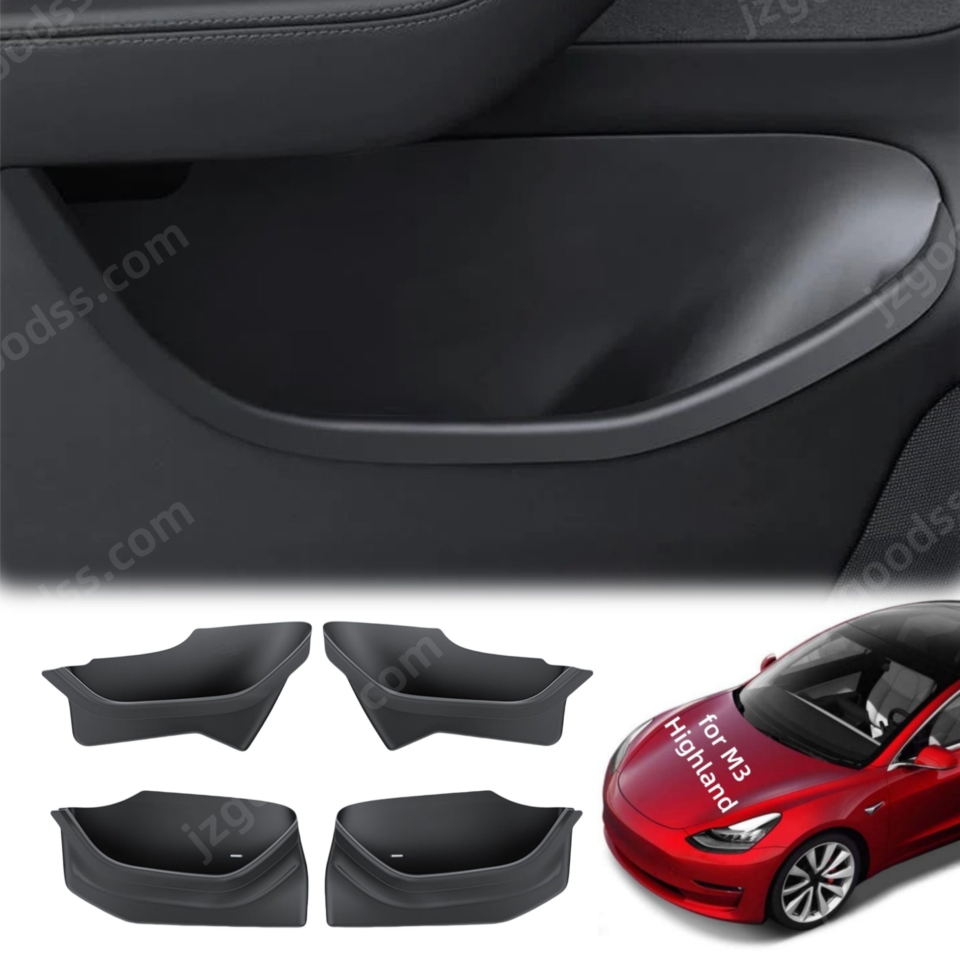 Minimalist door storage upgrade for Model 3 Highland, enhancing both functional storage and refined interior aesthetics