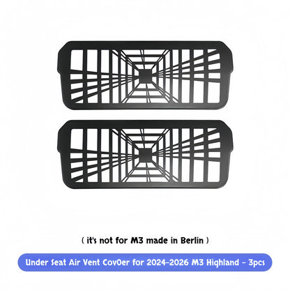 Rear seat underseat air vent cover for Model 3 Highland made of durable ABS, designed to protect airflow vents from debris