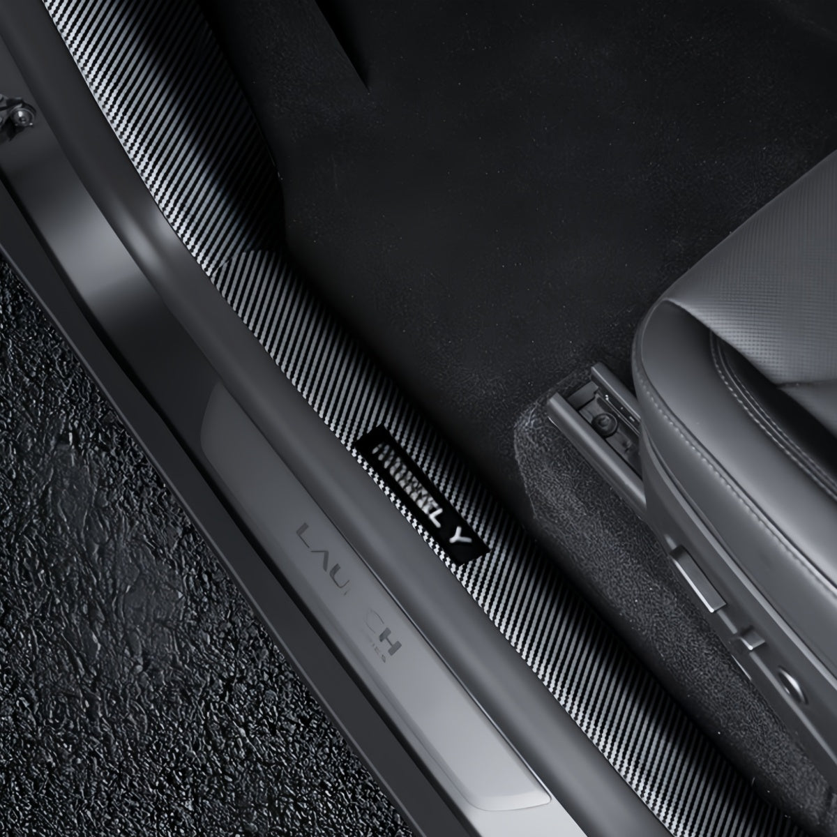 ABS door sill guard with carbon fiber texture for Model Y 2025+, offering stylish and durable entry protection