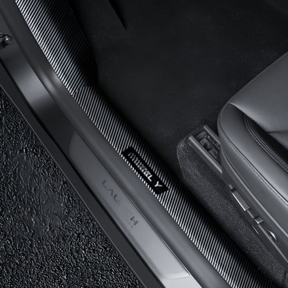 ABS door sill guard with carbon fiber texture for Model Y 2025+, offering stylish and durable entry protection
