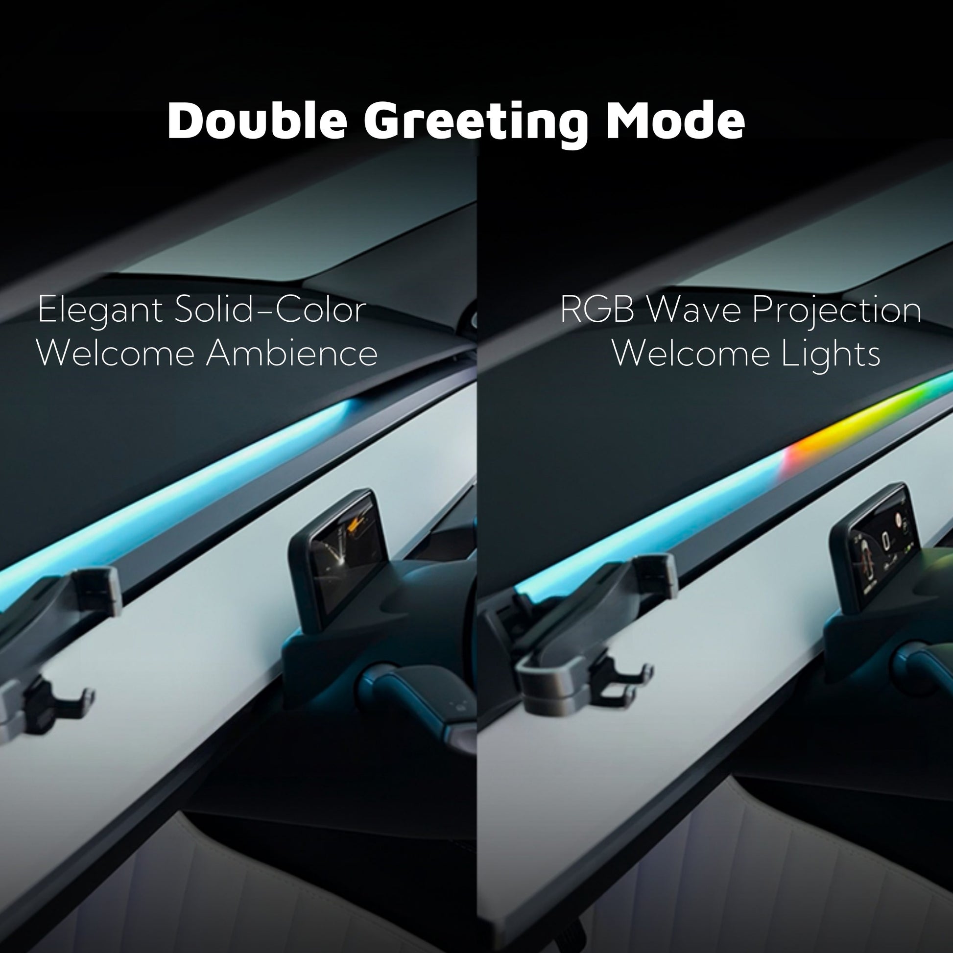 Full set of 8 LED strips for Tesla Model Y including dashboard, center console, footwell, and seatback lighting for full cabin coverage