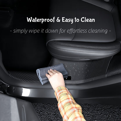 Carbon fiber style door sill trim for Model Y providing scratch resistance and premium interior appearance