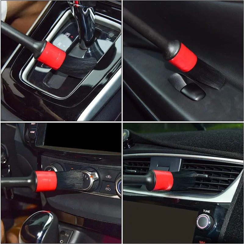 Multiple size car detailing brushes designed for precision cleaning of vents, dashboards, wheels, and tight crevices