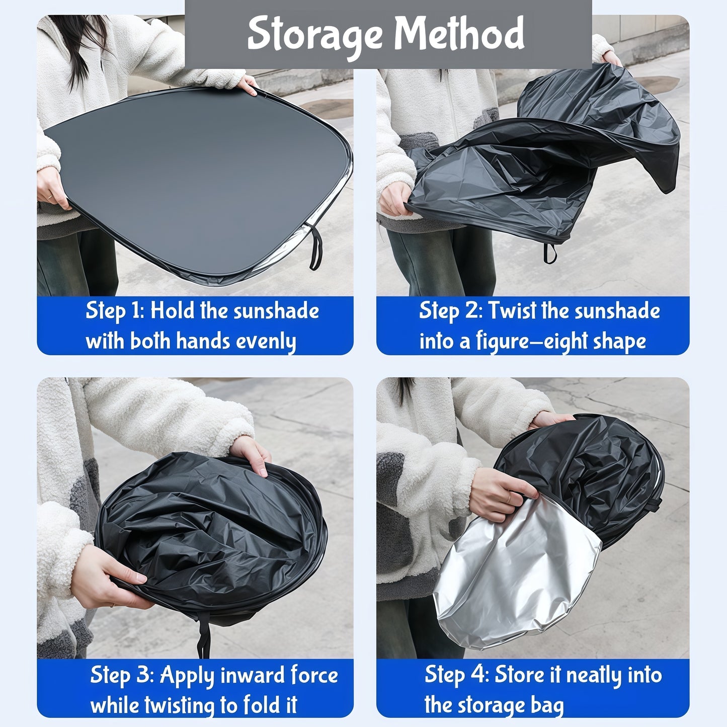 Portable car windshield sunshade includes storage bag for easy carrying and convenient organization inside vehicle