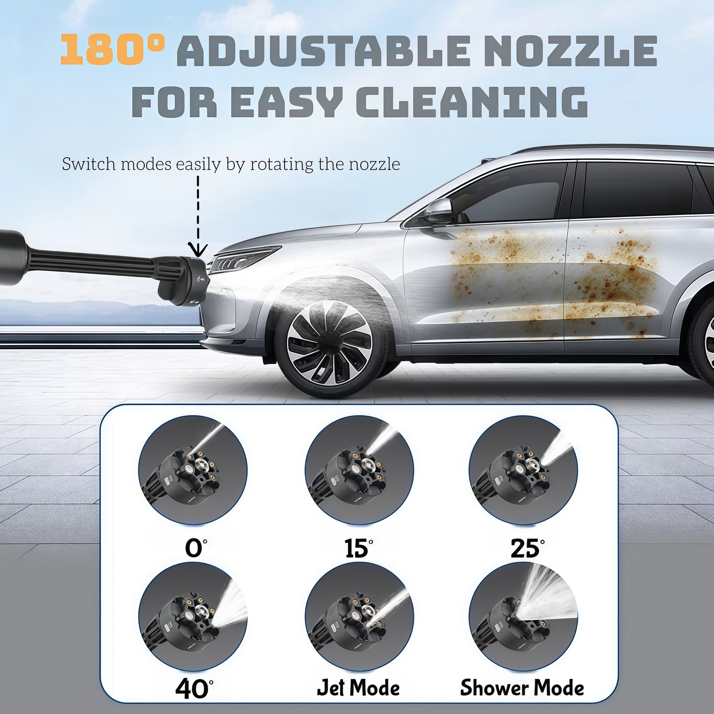 Portable electric car washer with 3 adjustable pressure modes for gentle, medium, and high-pressure cleaning of vehicles, patios, and outdoor areas