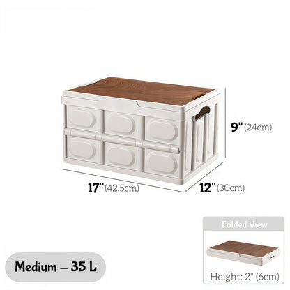 Premium foldable car camping storage box with wooden lid, sturdy construction, and collapsible design