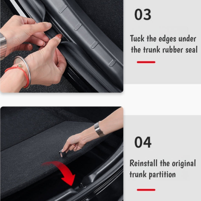Rear bumper loading edge protector for Model 3 Highland designed to reduce wear and protect paint during frequent trunk use