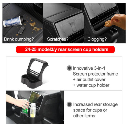 Rear touchscreen protector frame for Tesla Model 3 and Model Y, shielding screens from scratches while enhancing interior style