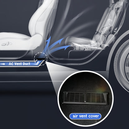 Rear under seat air vent cover installed on Model Y interior, fitting securely under rear seats with a clean OEM look