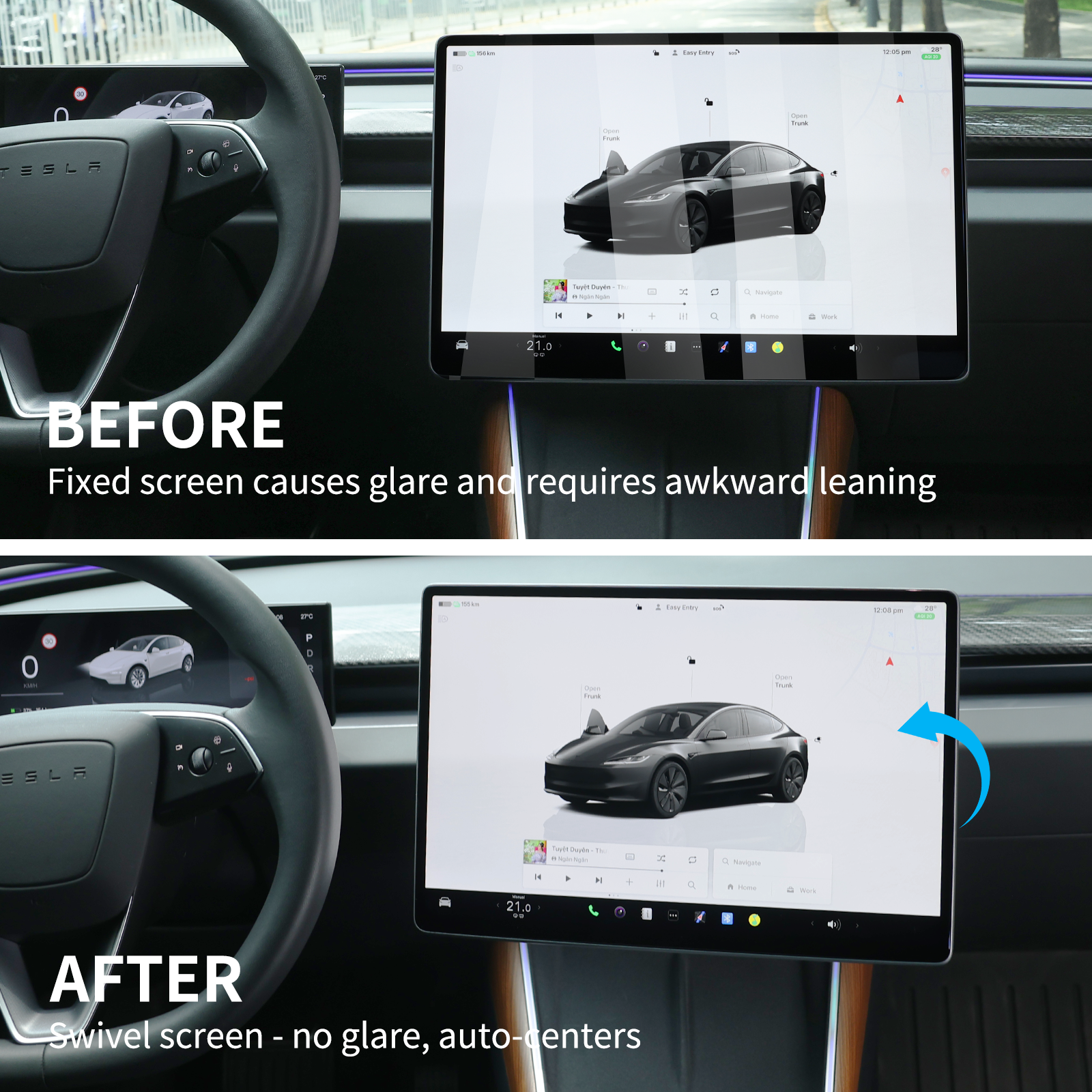 Stable ABS base and metal hinge design ensure secure rotating display mounting in Tesla Model Y for long-term, vibration-free use