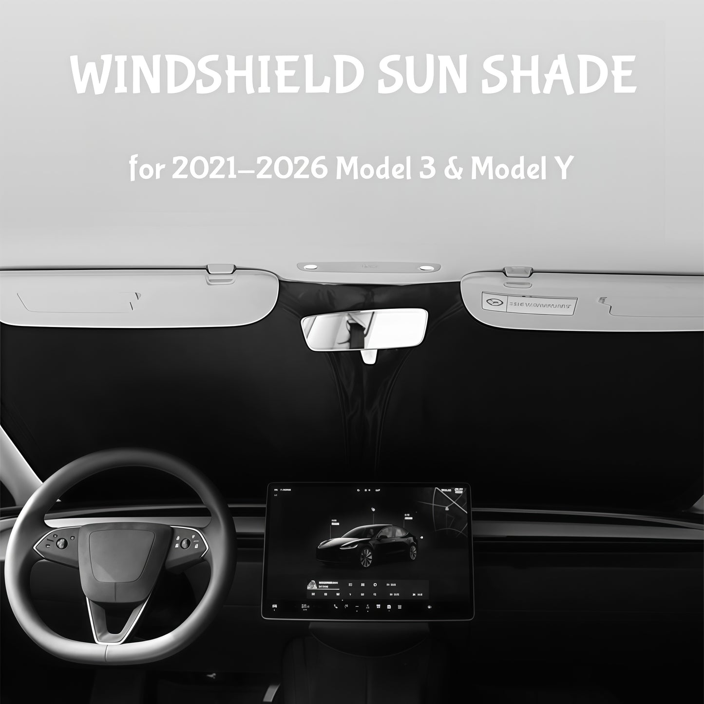 Foldable Tesla windshield sunshade designed for quick installation and compact storage while reducing interior temperature