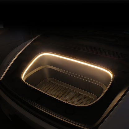 OEM style Tesla front trunk LED light strip with hidden embedded installation for clean factory appearance