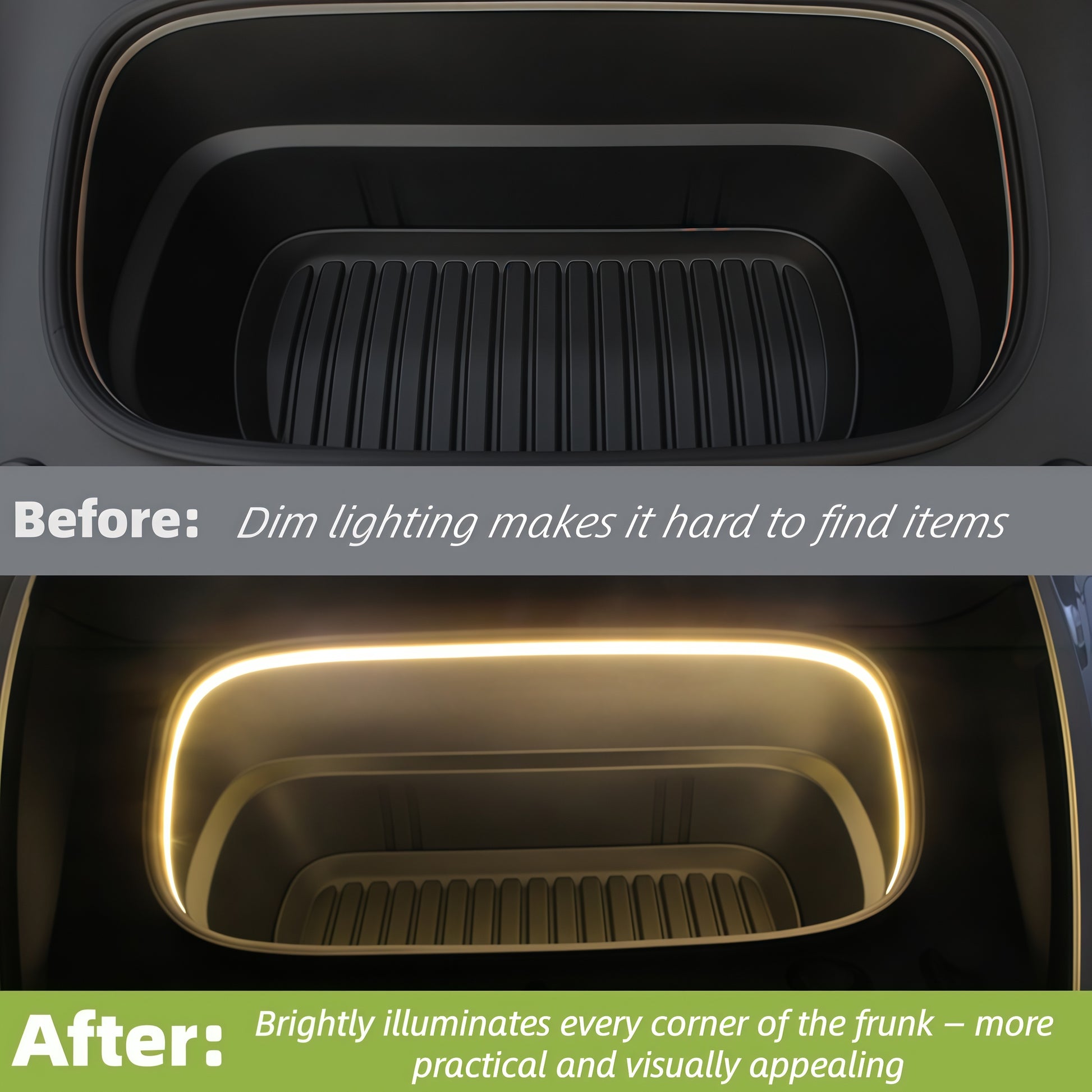 Tesla frunk LED ambient light with non-destructive installation and plug-and-play design for easy upgrade