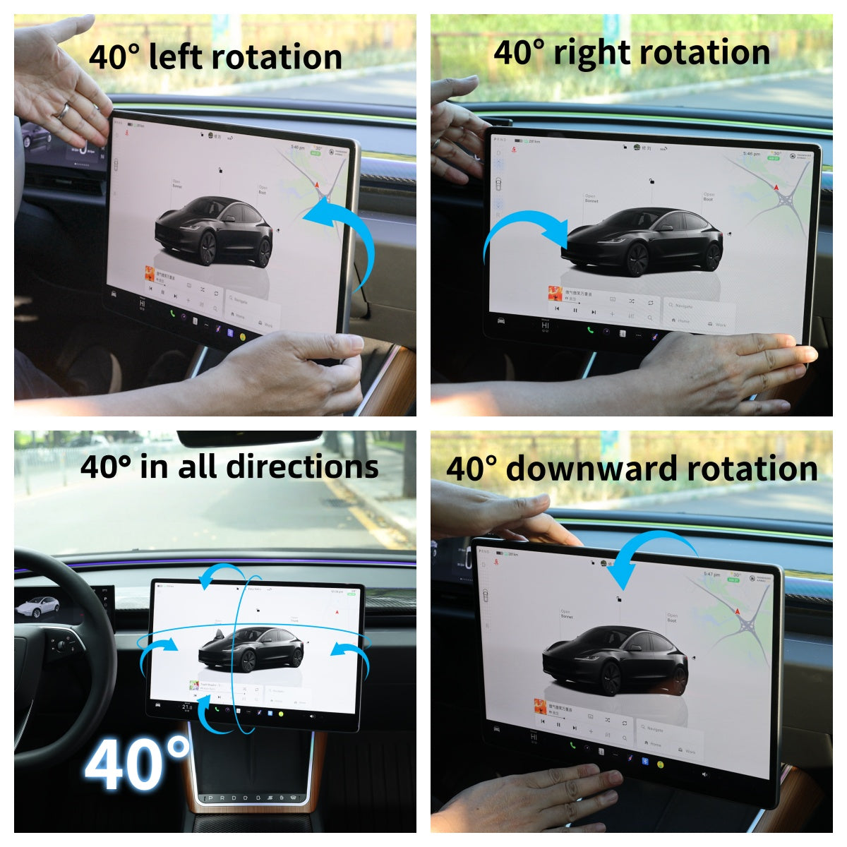 Tesla Model 3 Highland rotating screen mount featuring a durable aluminum alloy pivot and adjustable resistance for smooth positioning