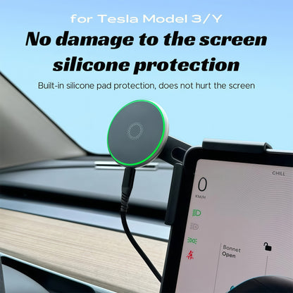 Tesla Model 3 phone holder installed behind display with wireless charging and stable magnetic grip