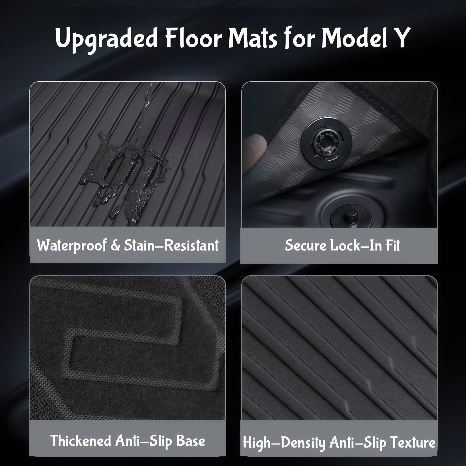 Waterproof car floor mats for Tesla Model Y 2025 protecting interior from rain, mud and snow