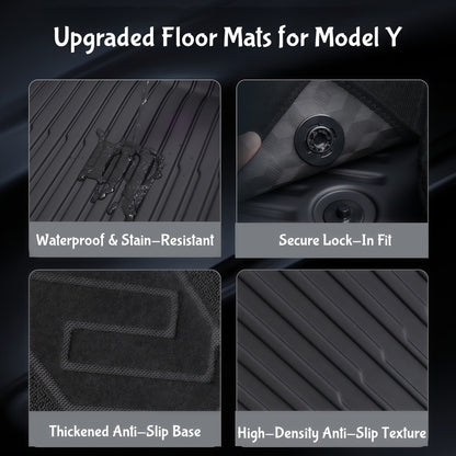 Waterproof car floor mats for Tesla Model Y 2025 protecting interior from rain, mud and snow