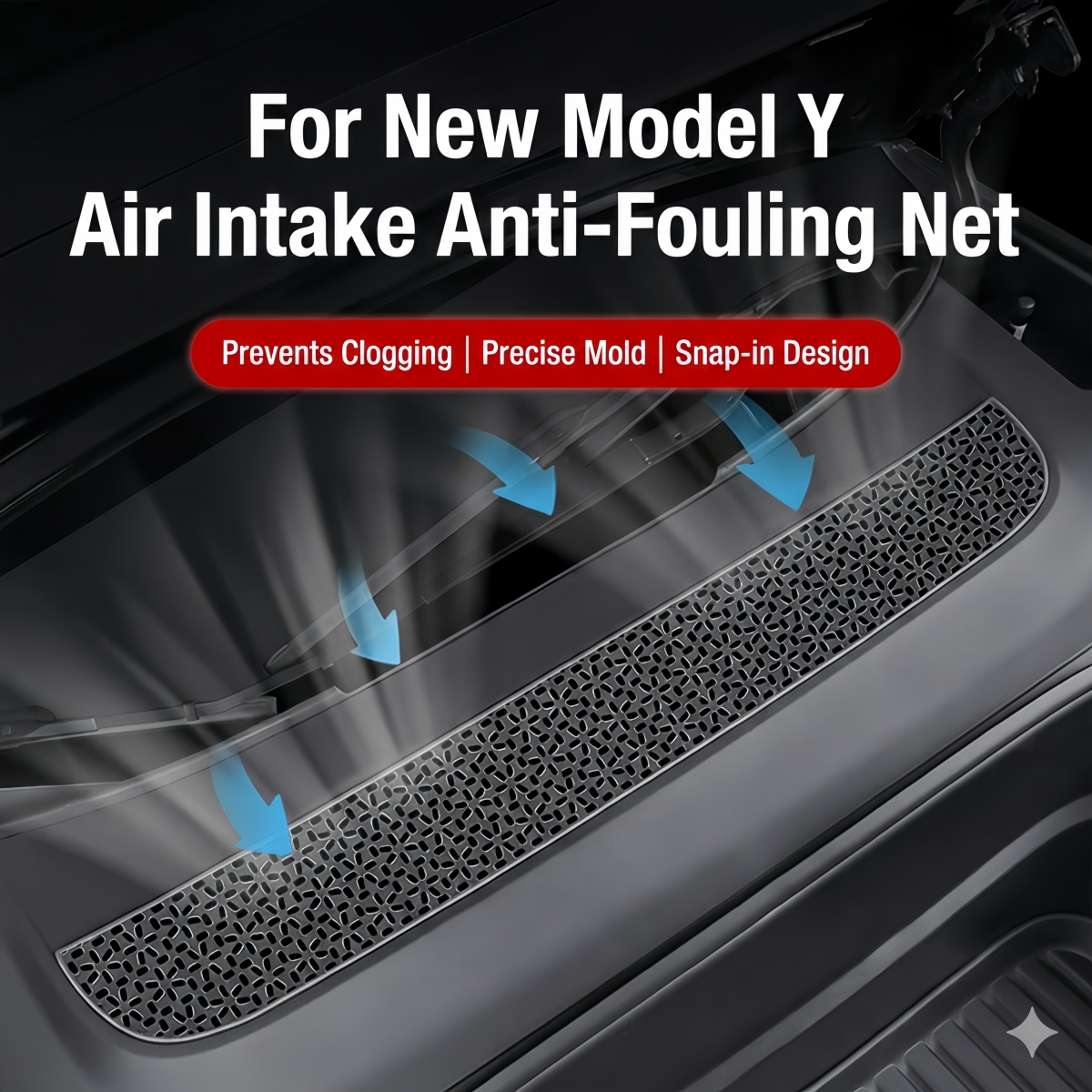 Stainless steel mesh air intake cover for Tesla Model Y improving durability and preventing air inlet blockage