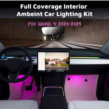 Interior ambient lighting kit for Tesla Model Y 2021–2024 showing the dashboard LED strip with customizable colors via app control