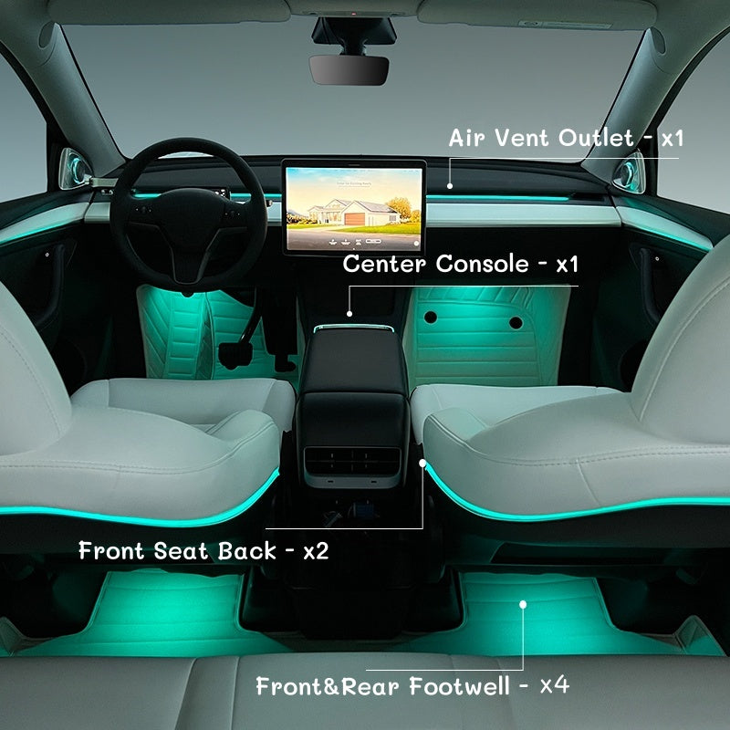 Custom-designed interior LED lighting kit for Tesla Model Y 2021–2024 with precision-cut neon strips for a perfect pre-2025 fit