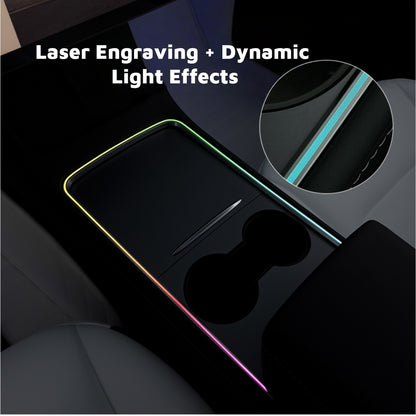 Easy-install Tesla Model Y ambient lighting kit designed to fit original dashboard, vent, footwell, and seat slots with no damage