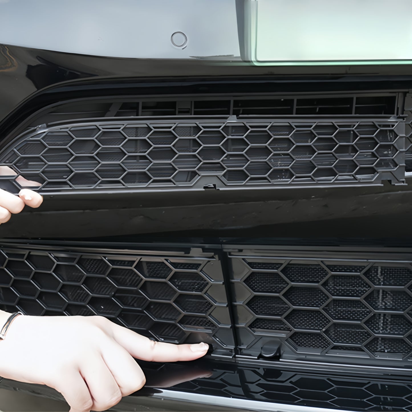 No-drill snap-on grille insert for 2025 Tesla Model Y Juniper allows quick installation without damaging the original bumper