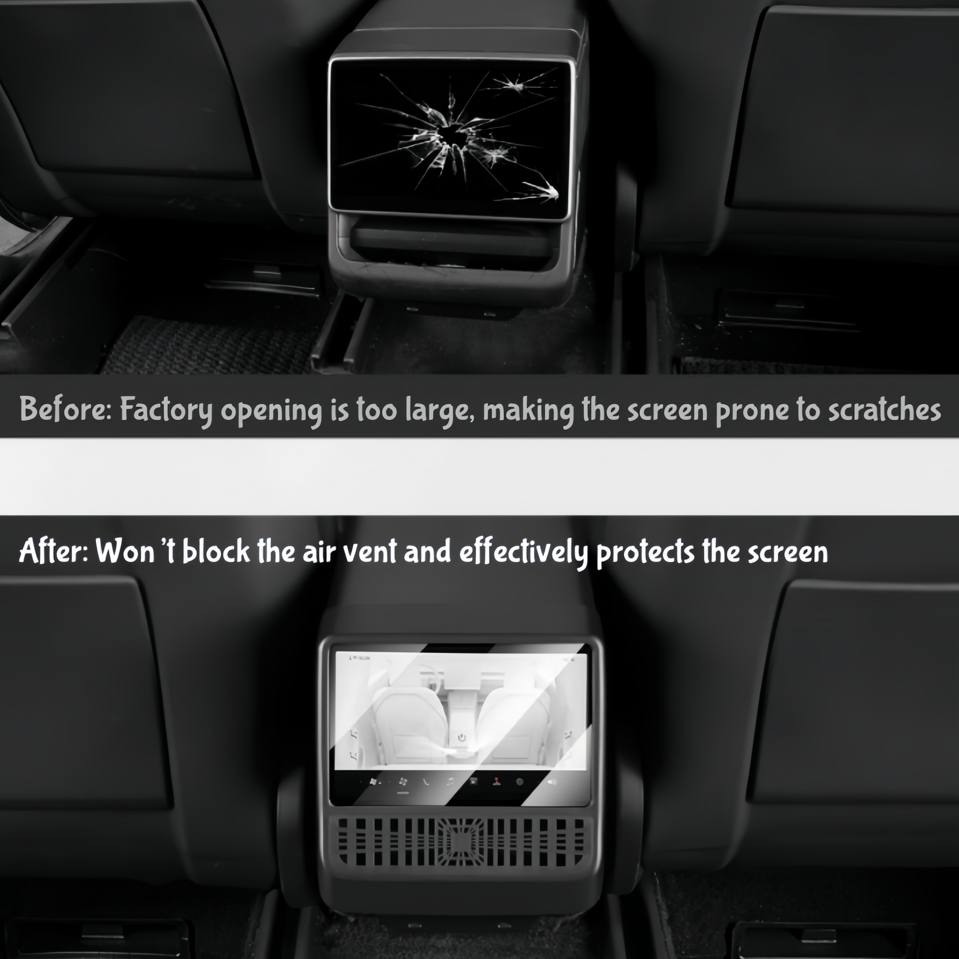 Rear entertainment screen protection for Tesla Model Y Juniper 8-inch display with vent guard cover