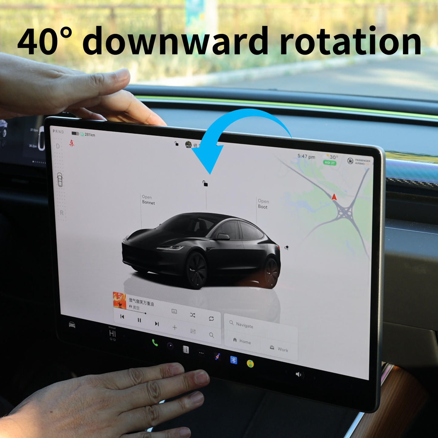 Rotatable screen mount for Tesla Model Y Juniper enabling left, right, up, and down viewing adjustments with smooth movement control